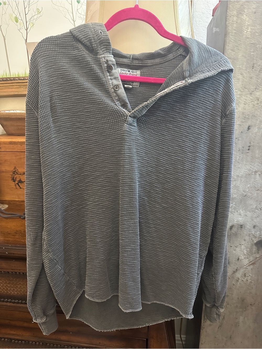 Lucky Brand Men’s Gray Waffle Knit Hooded Henley